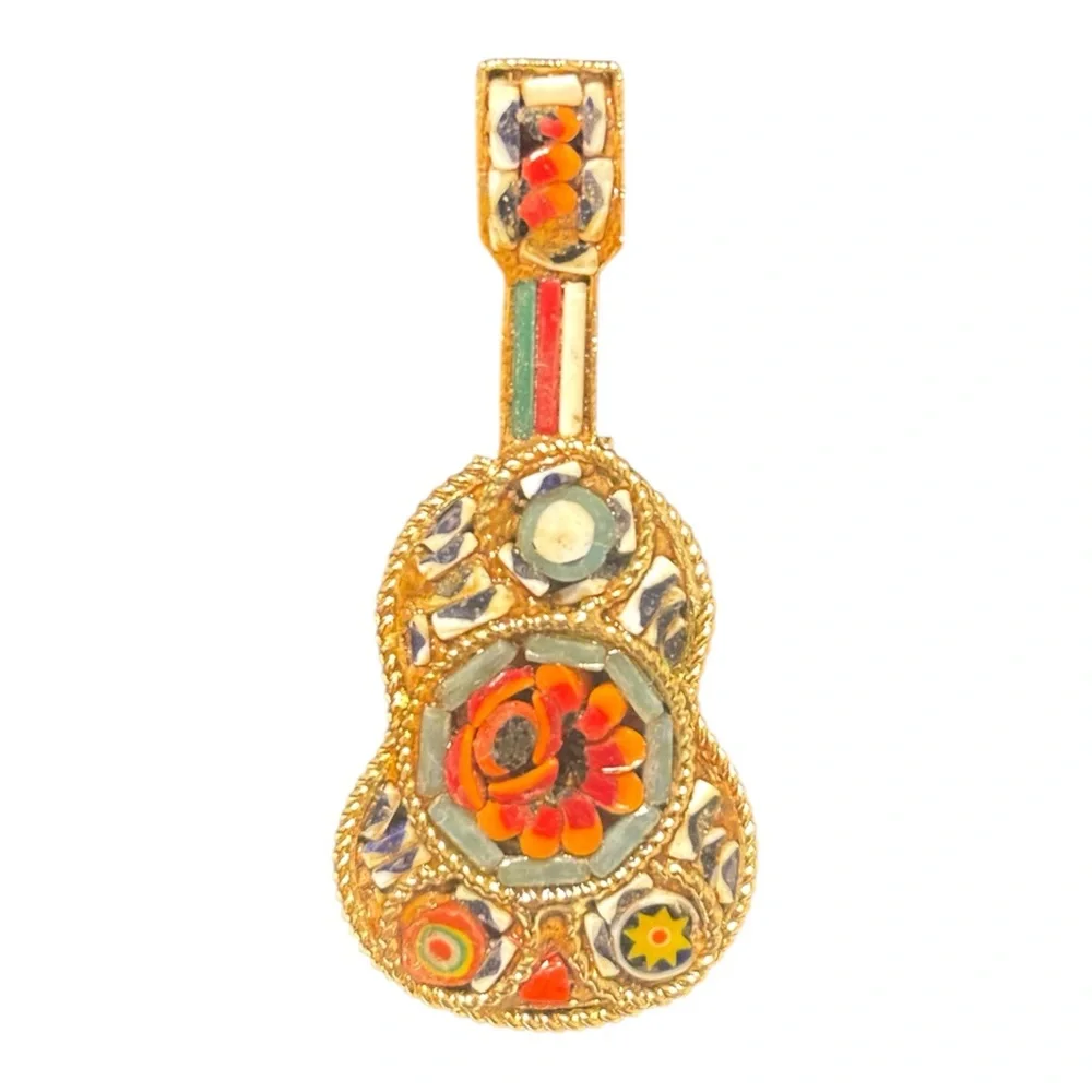 Micro-Mosaic Vintage Guitar Brooch from 50’s- great condition- gold toned